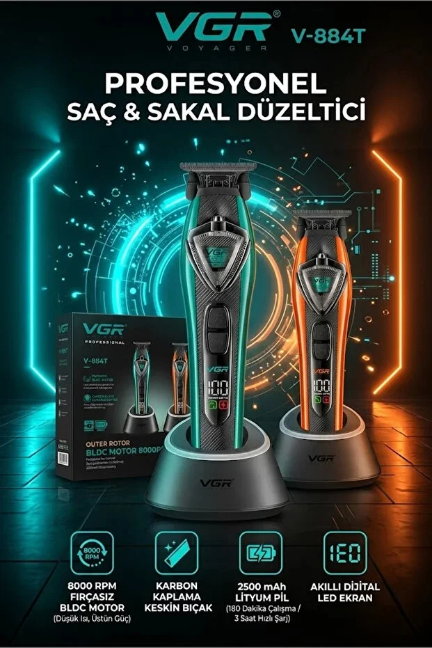 V-884T Profesyonel Sakal Çizim Makinesi Turkuaz Şarj Standlı