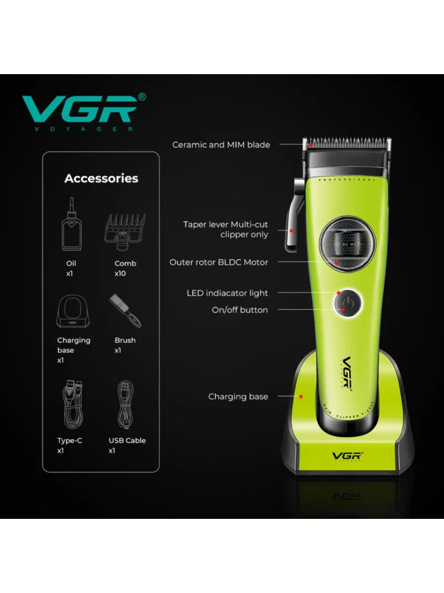 V-880C Profesyonel BLDC Fırçasız Motor Saç Kesme Makinesi Seramik Bıçak Şarj Standlı Clipper