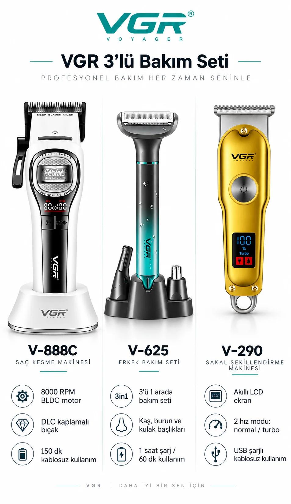V-888C Clipper V-290 Trimmer V-625 Bakım Kiti - 3'lü Berber Seti