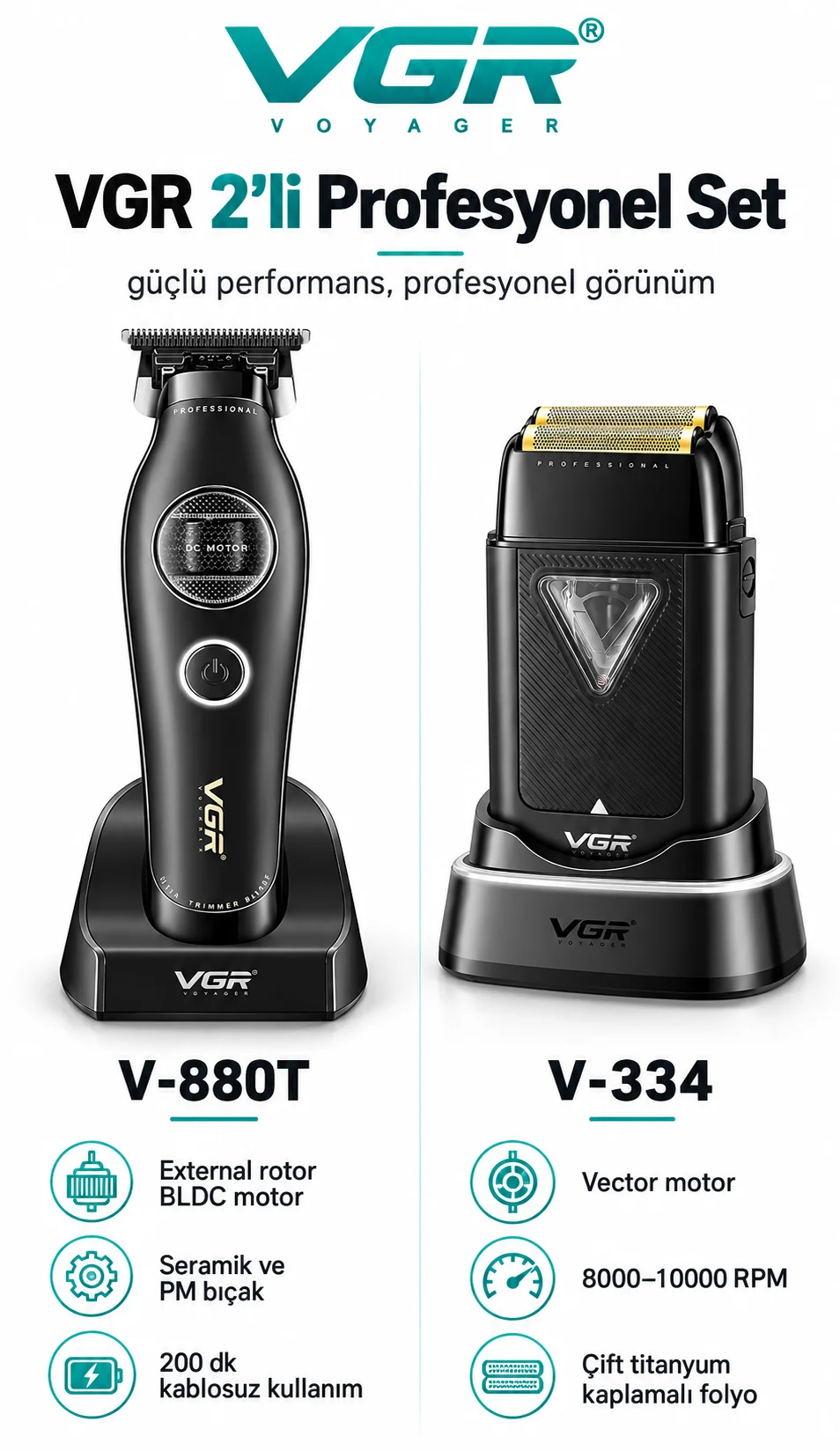 2'li Profesyonel Berber Tıraş Seti V-880T Trimmer V-334 Shaver - Sakal, Ense, Sıfırlama