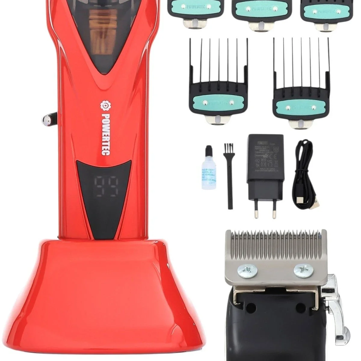 Powertec TR-3900 Profesyonel Şarjlı Saç Sakal Tıraş Makinesi - 10.000 RPM Yüksek Devir - Dijital Ekranlı & 6 Taraklı Standlı Set