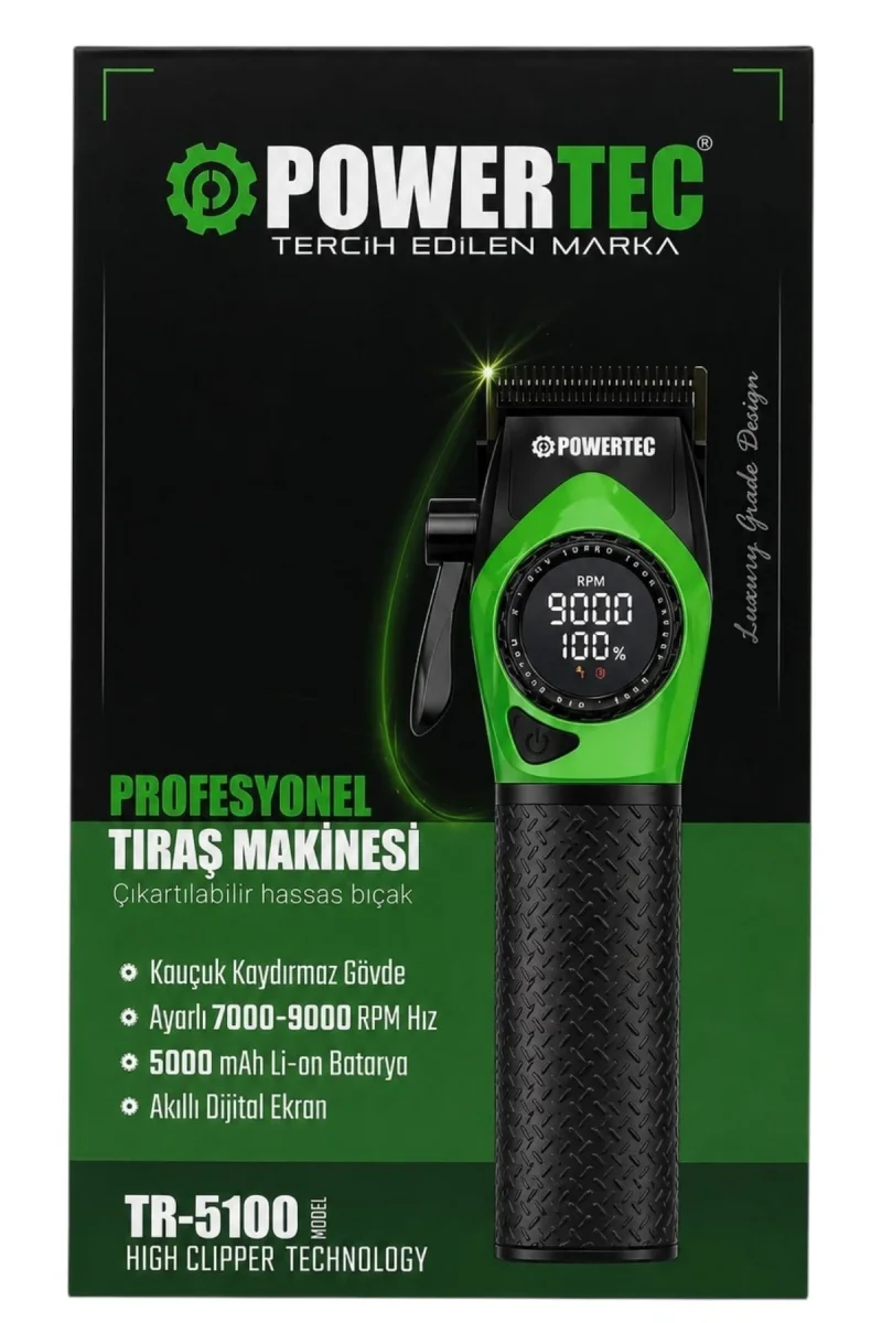 Powertec Profesyonel Şarjlı Saç Tıraş Makinesi | 9000 RPM Dijital Ekranlı