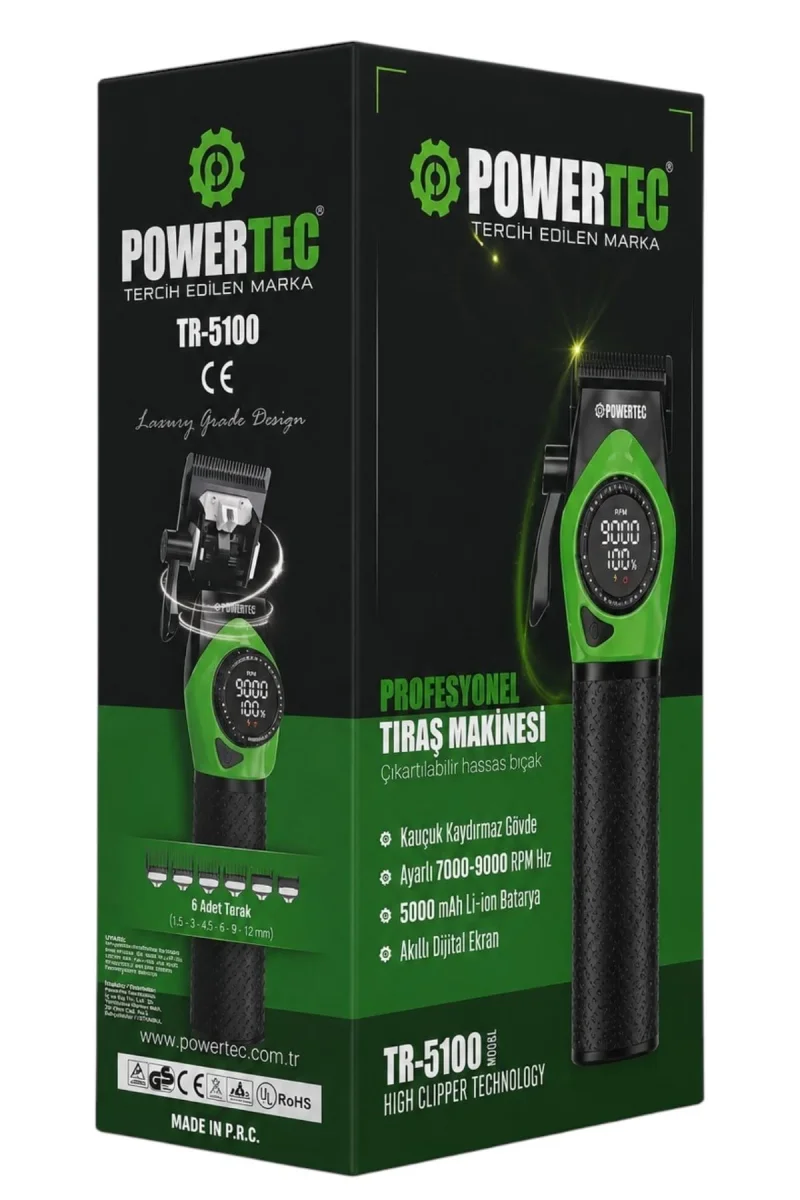 Powertec Profesyonel Şarjlı Saç Tıraş Makinesi | 9000 RPM Dijital Ekranlı