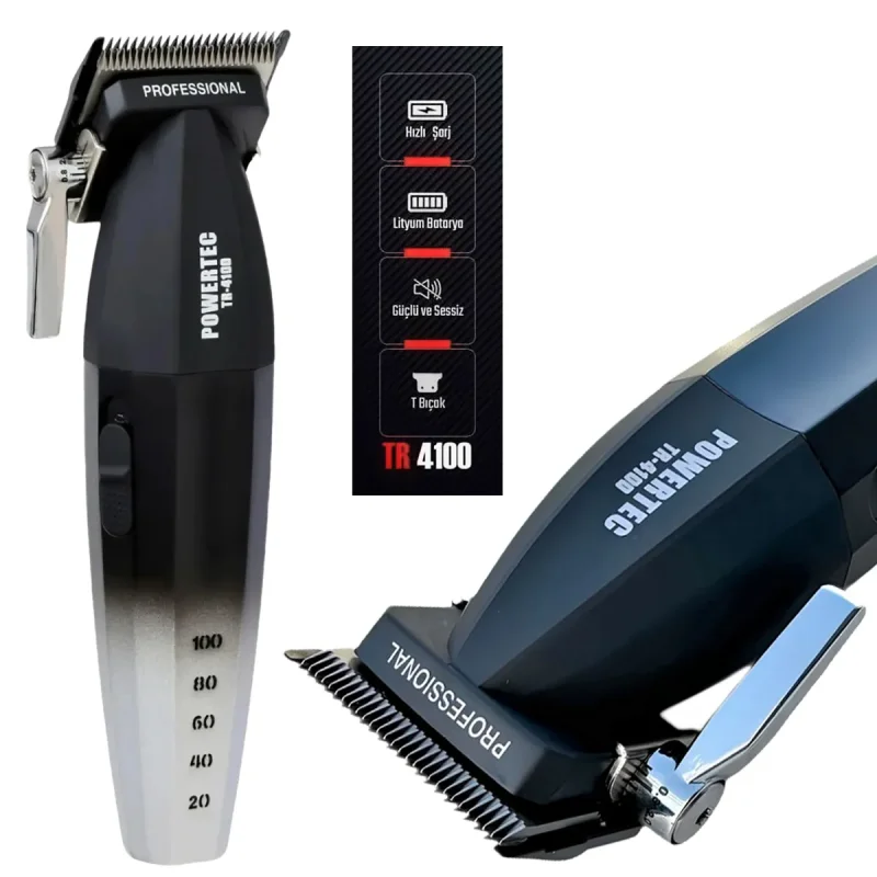 Powertec TR-4100 Profesyonel Saç Sakal Tıraş Makinesi - 8300 RPM Çift Kademeli Motor & 6 Taraklı Erkek Bakım Seti