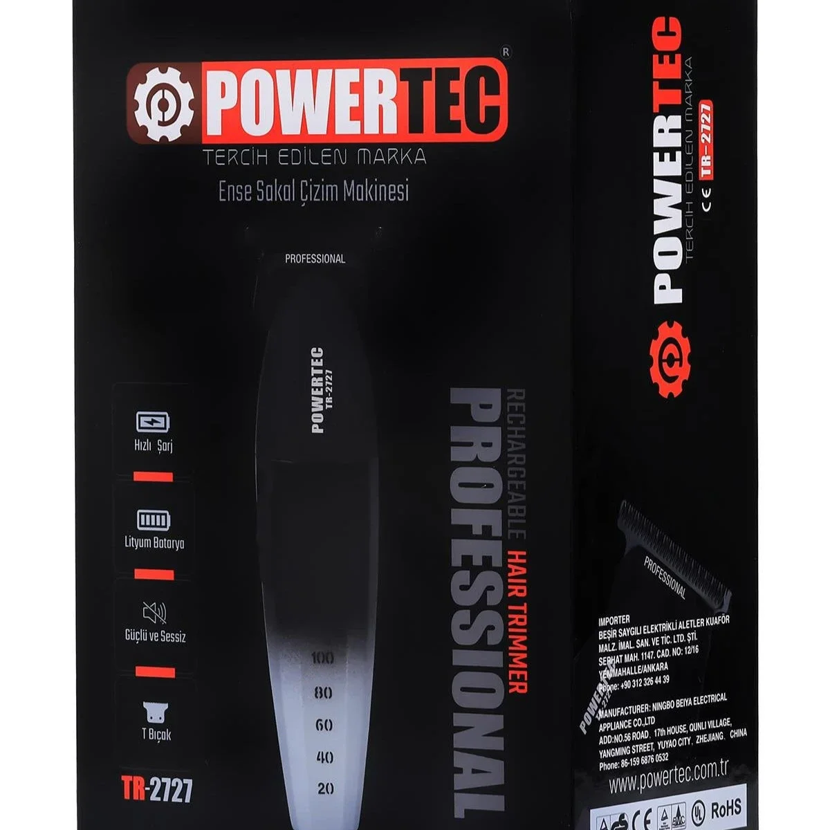 Powertec TR-2727 Black Profesyonel Type-C Şarjlı Dijital Göstergeli Saç Sakal Ense Çizim Tıraş Makinesi