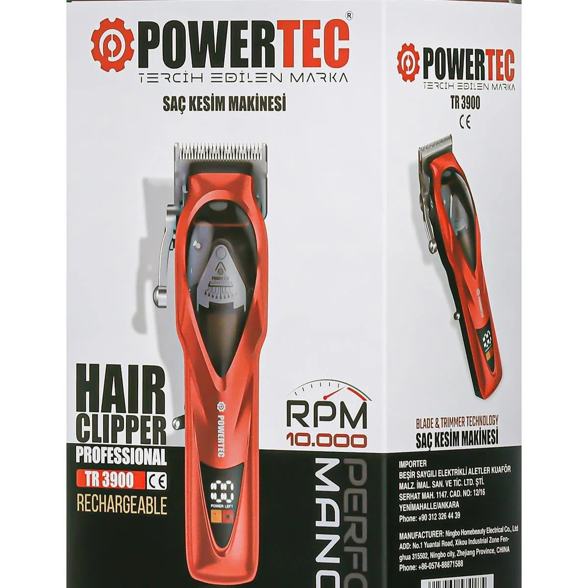 Powertec TR-3900 Profesyonel Şarjlı Saç Sakal Tıraş Makinesi - 10.000 RPM Yüksek Devir - Dijital Ekranlı & 6 Taraklı Standlı Set