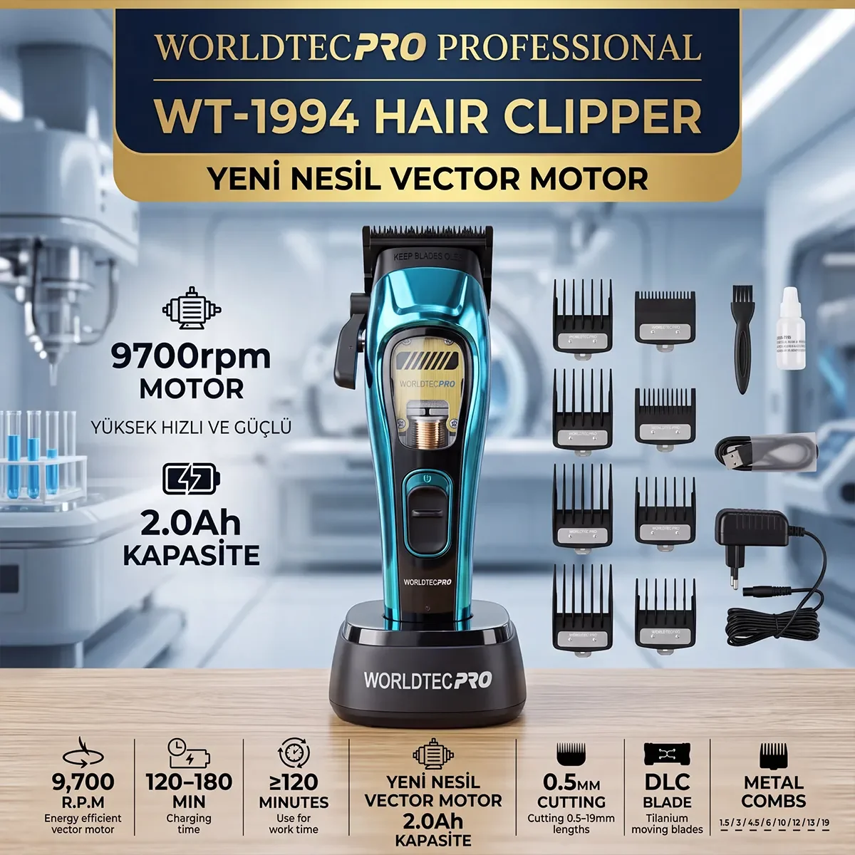 Saç Tıraş Makinesi - Worldtec WT-1994  – DLC Titanyum Bıçaklı