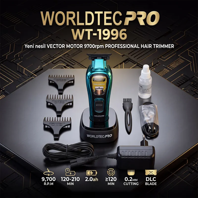 Worldtec WT-1996 - Sakal Tıraş Makinesi - Ense Çizim Trimmer - Mavi – 9700 RPM