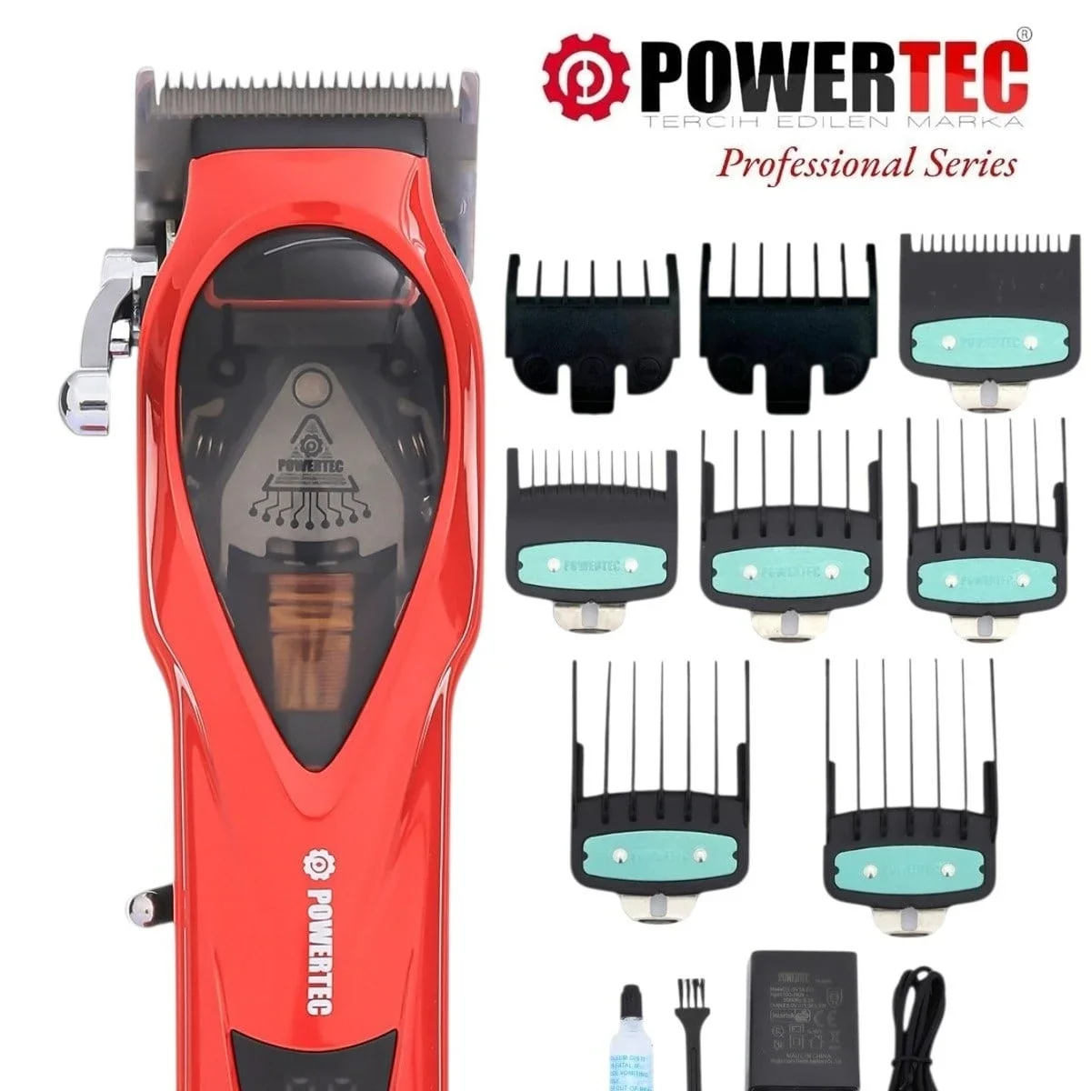 Powertec TR-3900 Profesyonel Şarjlı Saç Sakal Tıraş Makinesi - 10.000 RPM Yüksek Devir - Dijital Ekranlı & 6 Taraklı Standlı Set