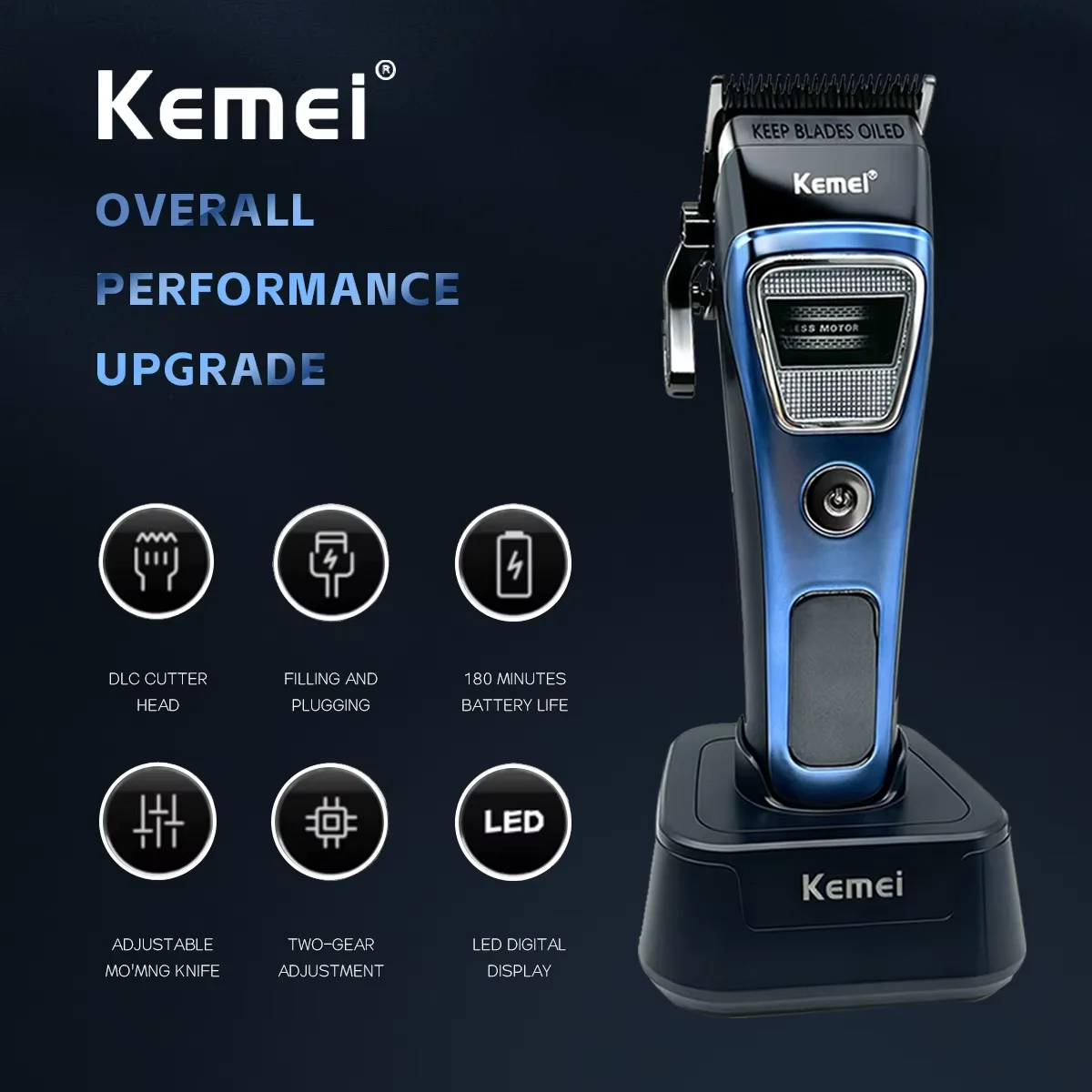 Kemei KM-1911 Profesyonel Saç Tıraş Makinesi (Clipper) (MAVİ)