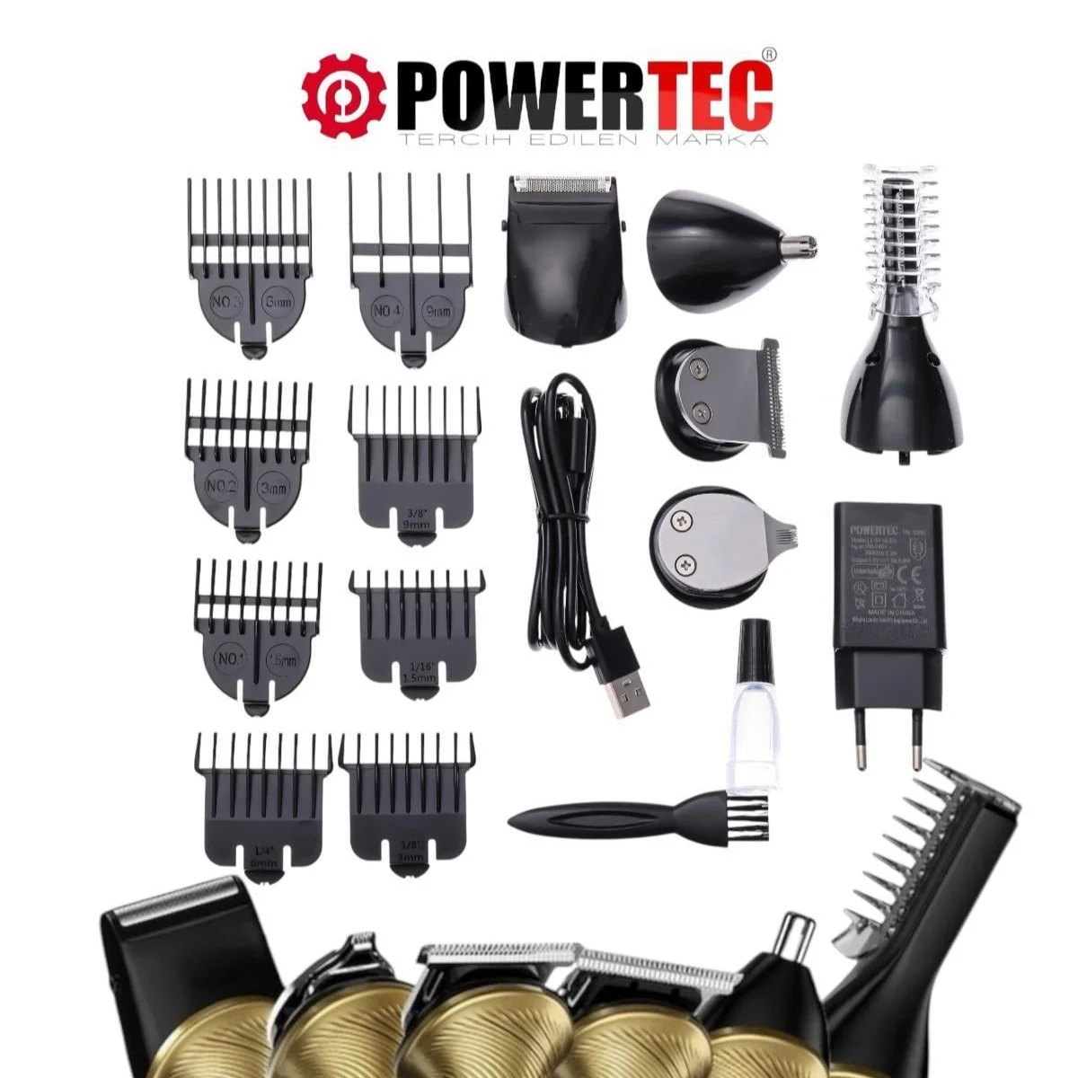 Powertec TR-1000 6in1 Profesyonel Erkek Bakım Kiti - 6 Başlıklı 8 Taraklı Saç Sakal Vücut Tıraş Makinesi