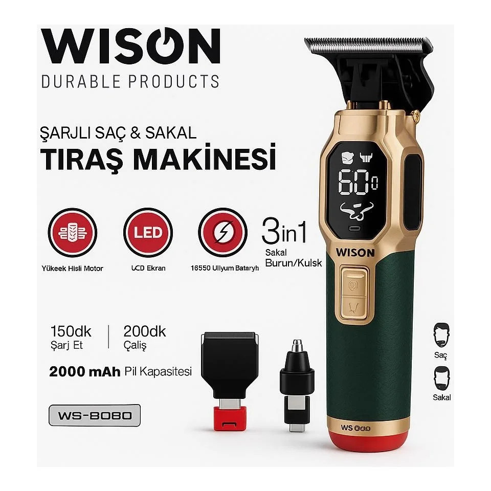 Wison WS-8080 Profesyonel 3in1 Saç-Sakal, Burun-Kulak Tıraş Makinesi