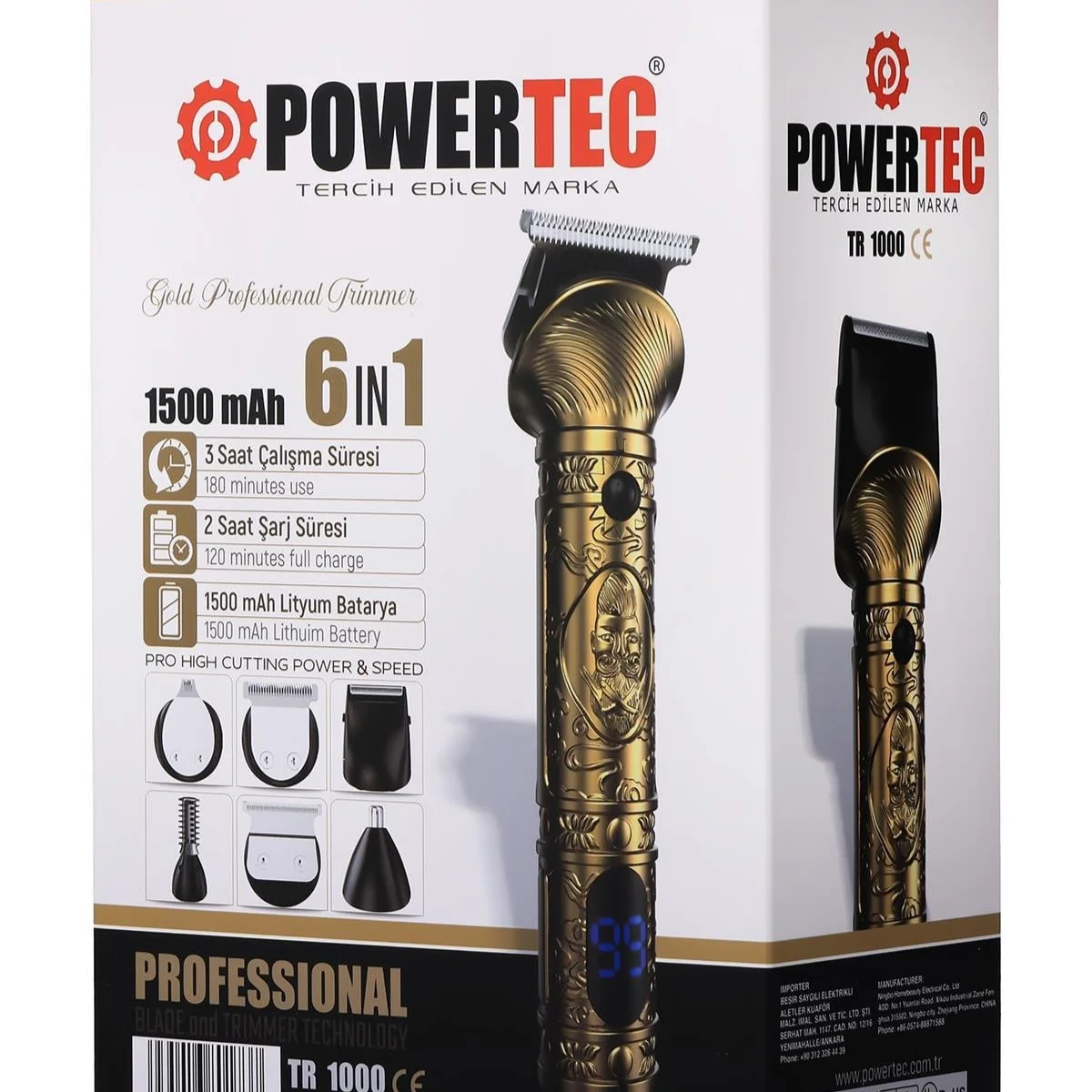 Powertec TR-1000 6in1 Profesyonel Erkek Bakım Kiti - 6 Başlıklı 8 Taraklı Saç Sakal Vücut Tıraş Makinesi